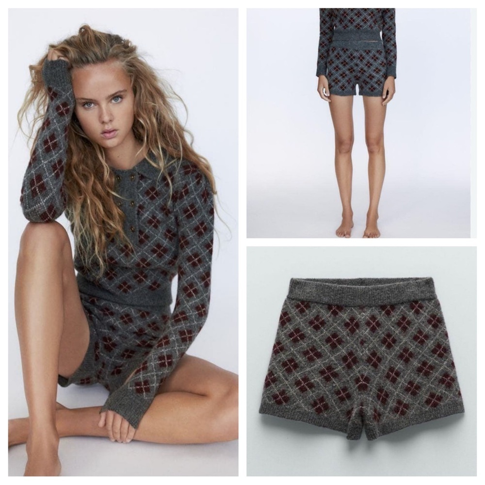 Zara great argyle Knit High-Waist sweater Shorts 51780